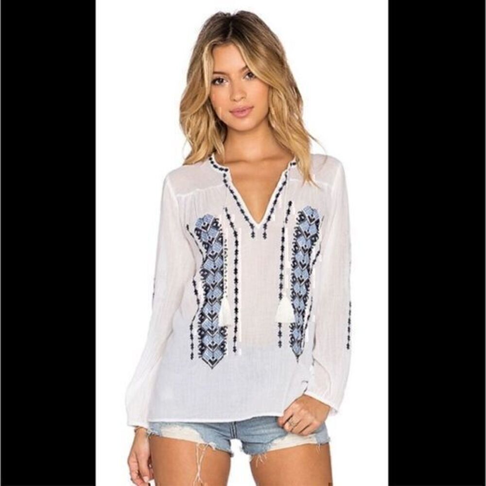 Joie Calantha Embroidered White & Blue Blouse, size medium.